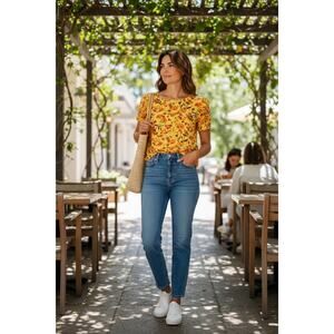 Vince Camuto Yelow Floral Short Sleeve blouse top size L/XL